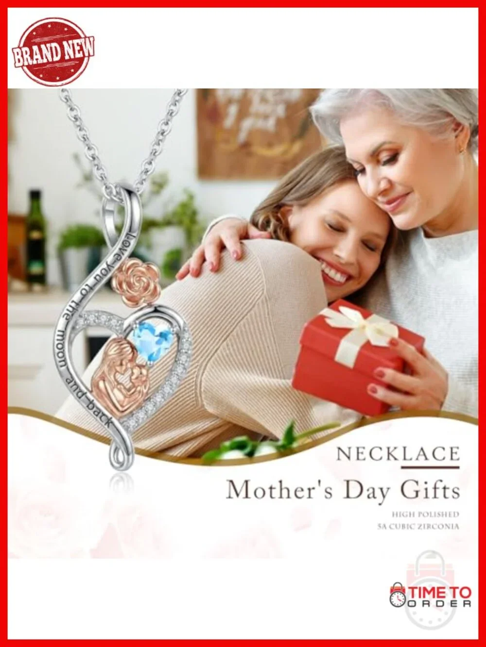 Mother's Day Rose Heart Infinity Birthstone Pendant Necklace with CZ